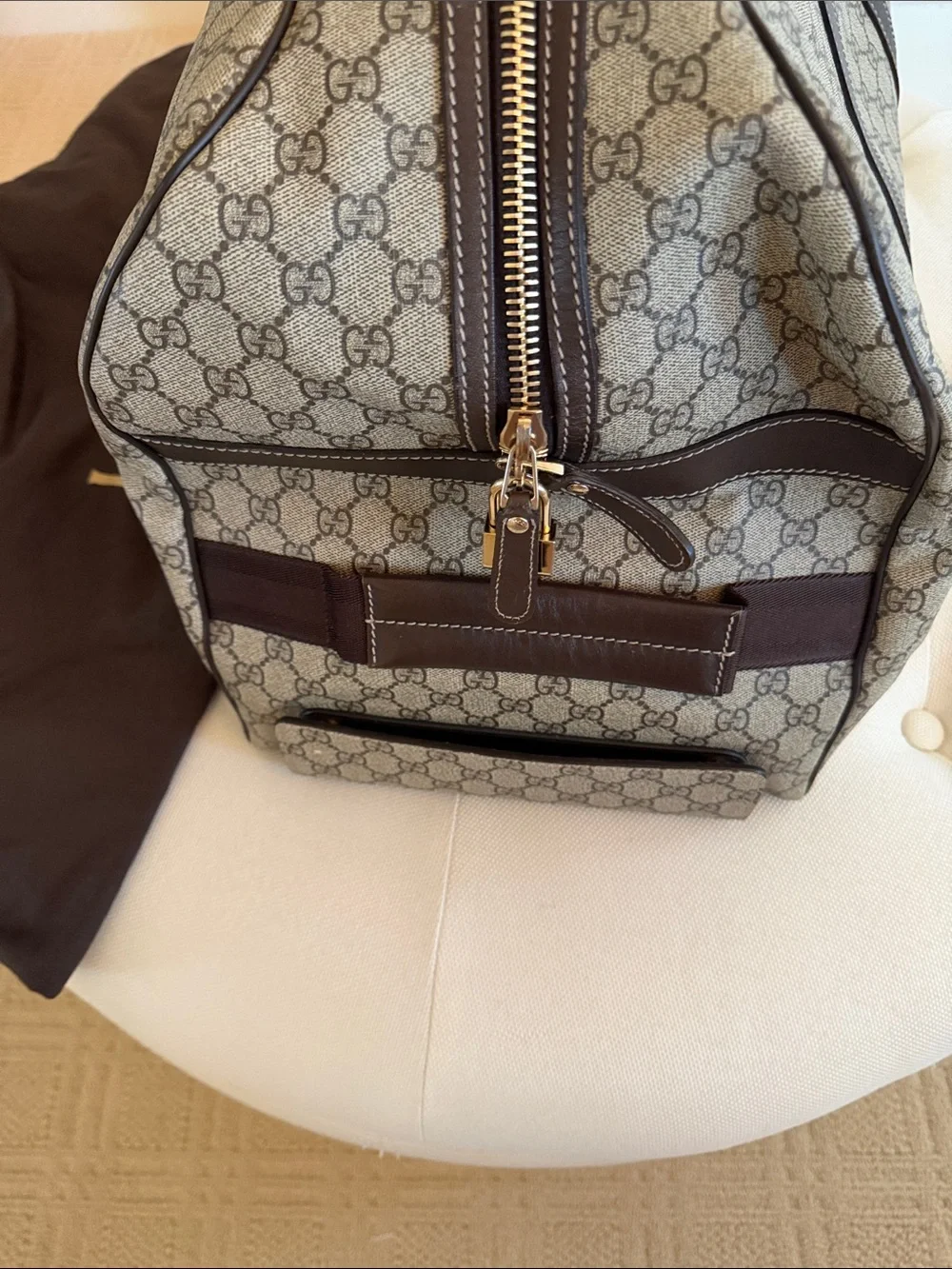 Authentic Gucci Beige Brown GG Supreme Rolling Duffel with Dark Brown Trim